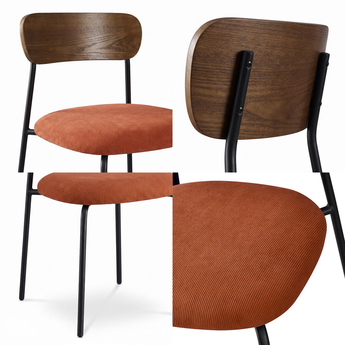STÜHLE 4er-Set skandinavisch aus terrakottafarbenem Cord und Eschenfurnier mit schwarzen Metallbeinen - OLIVIA - Terracotta/Schwarz, Textil/Metall (46/81/50.5cm) - Sicaan