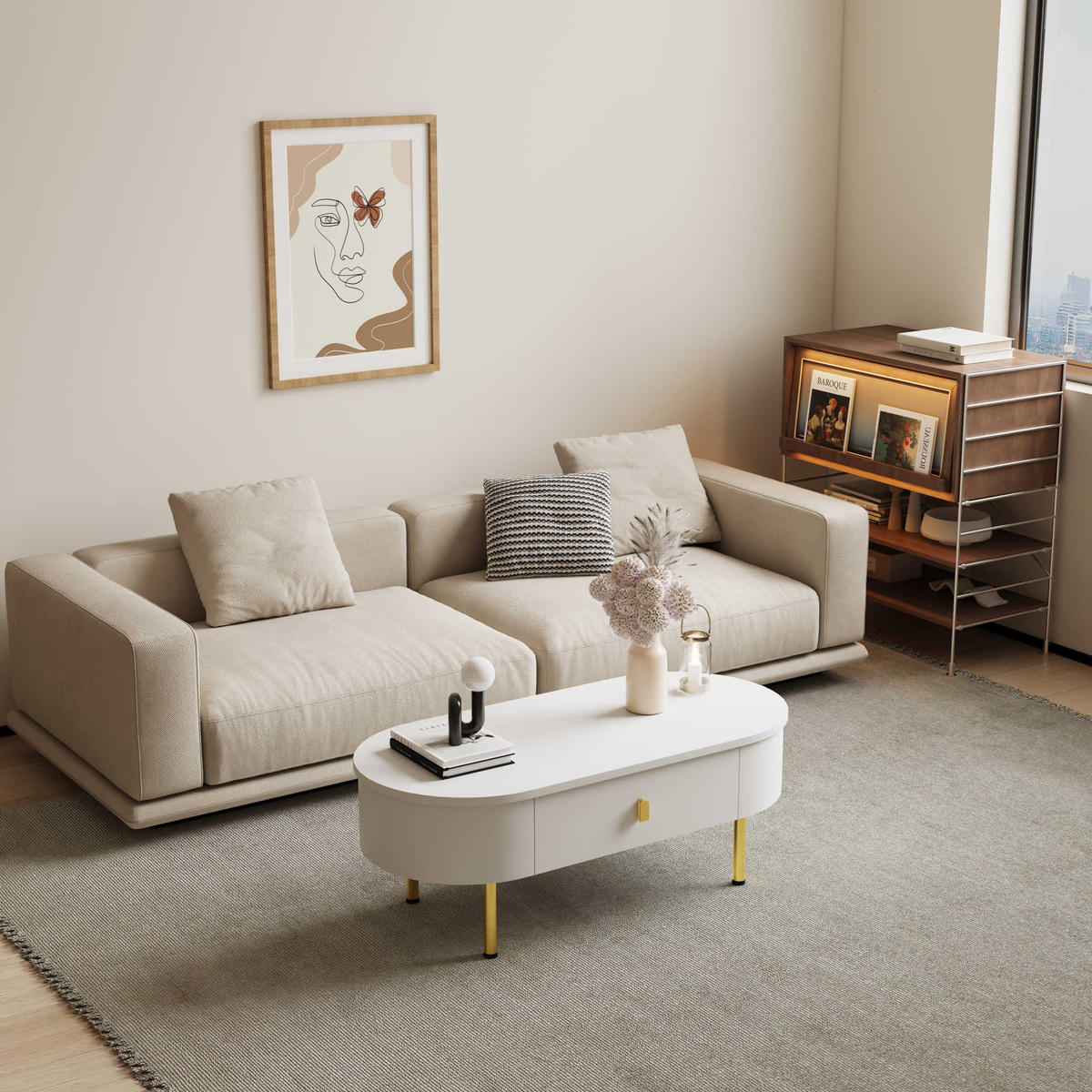 KONFERENČNÍ stolek 108/50/40 cm bílý se zlatými detaily z MDF se 2 zásuvkami - bílá, kompozitní dřevo (108/50/40cm) - OKWISH