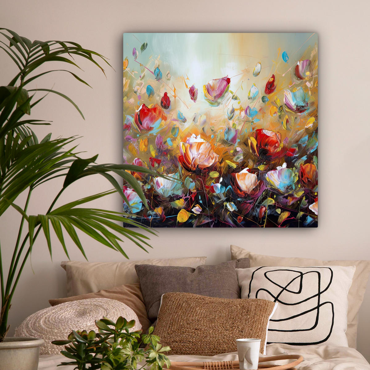 LEINWANDBILD Blumen - Kunst - Natur - Ölgemälde Deko Groß 90x90 cm - Multicolor, Textil (90/90cm) - MuchoWow