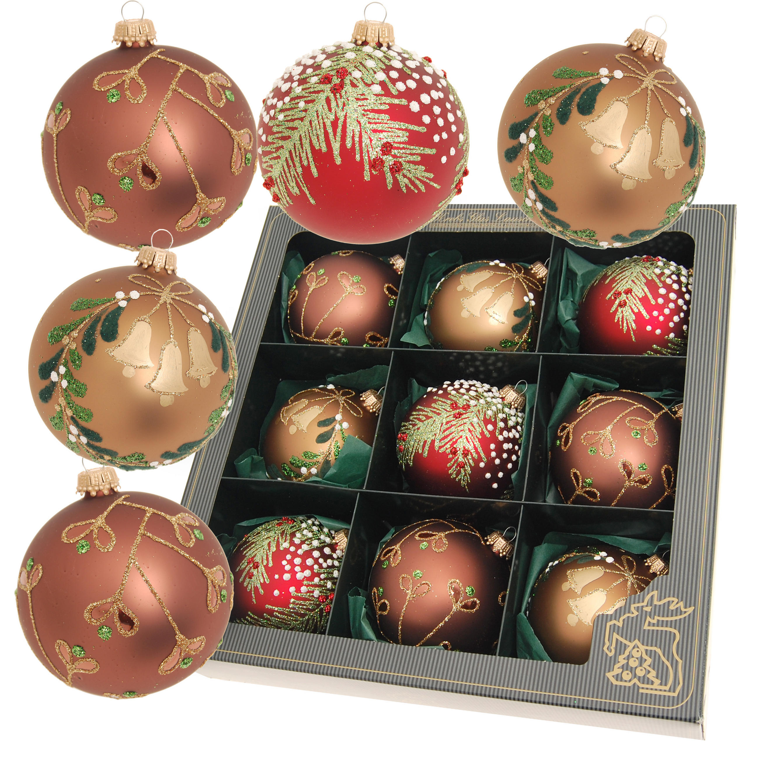 CHRISTBAUMKUGELN Beerenzweige Glockendekor Braun 8cm (Glas / 9 Stk.) - Braun, Glas (8/8/8cm) - Krebs Glas Lauscha