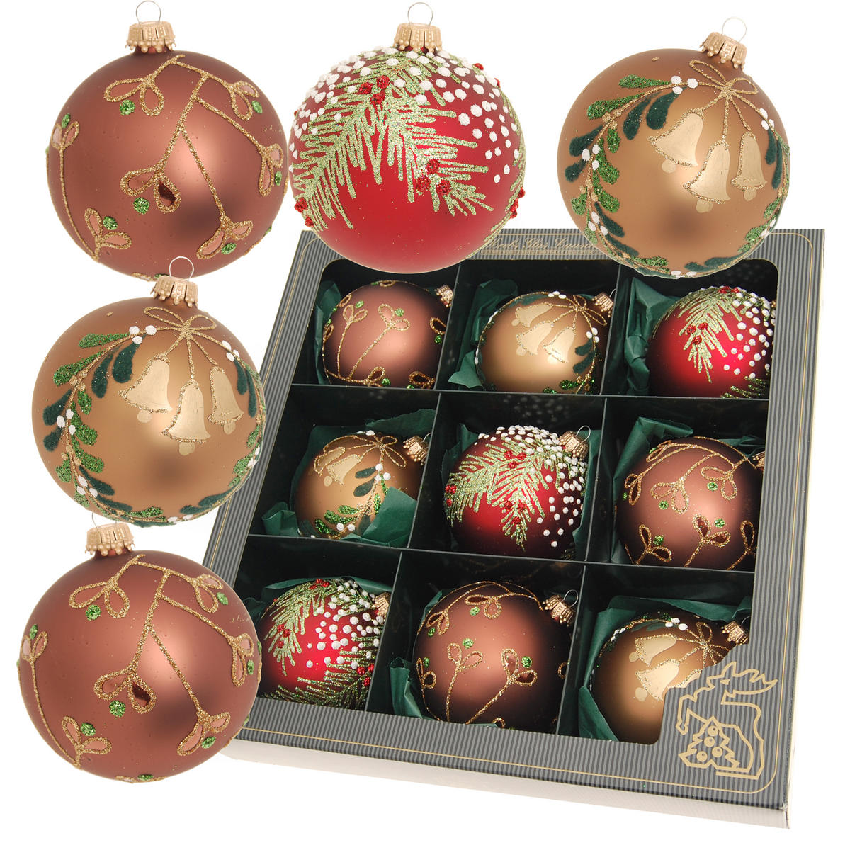 CHRISTBAUMKUGELN Beerenzweige Glockendekor Braun 8cm (Glas / 9 Stk.) - Braun, Glas (8/8/8cm) - Krebs Glas Lauscha