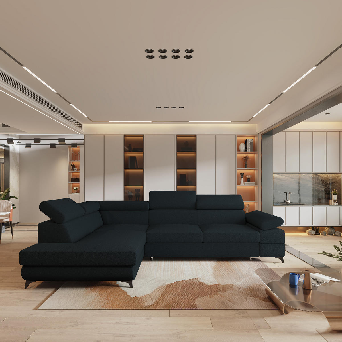 ECKSOFA FAVIEN L-S Schwarz Boucle-Stoff mit Schlaffunktion - Schwarz, Holz (257/190cm) - MASSENO