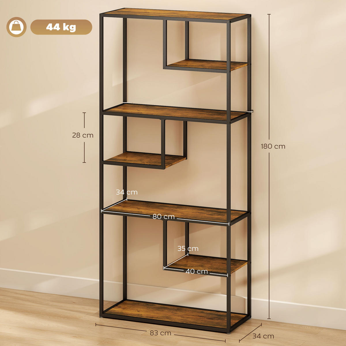 BÜCHERREGAL,7-STUFIG Industrie Holz-Stahl 83x34x180cm,braun - Braun, Holzwerkstoff (83/180/34cm) - Vallsero