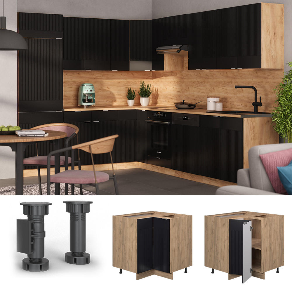 ECKSCHRANK Fame-Line, Schwarz gestreift, 80.5 cm, AP Marmor - Eiche Wotan/Schwarz, Holzwerkstoff (80.5/82/60cm) - Vicco