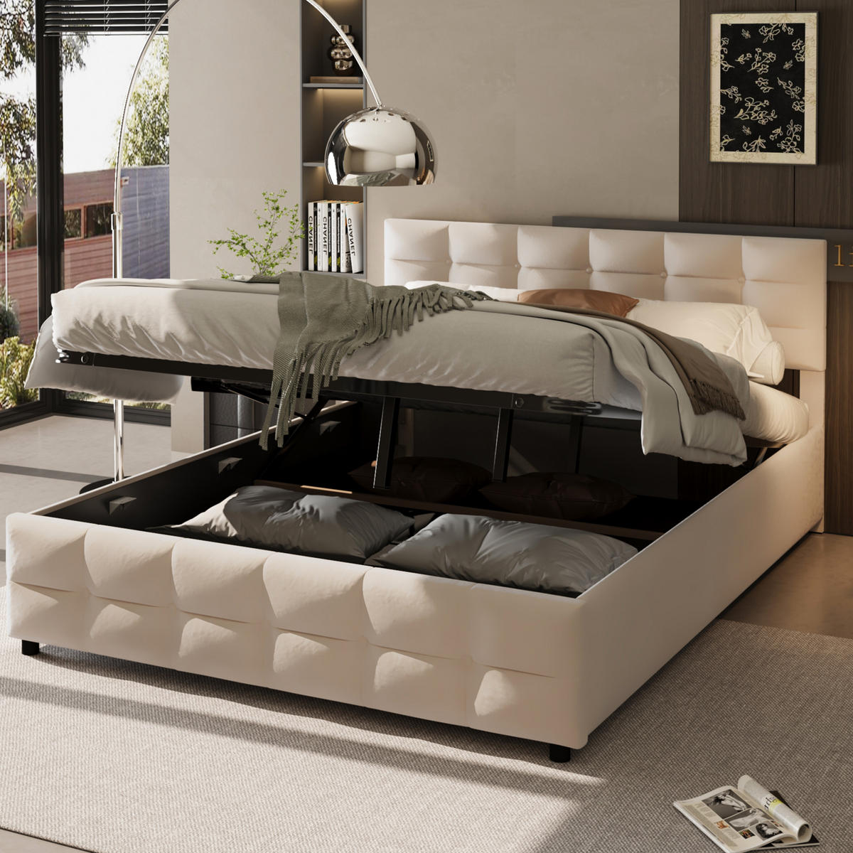POLSTERBETT 180x200 Beige Samt Stauraum - Beige, Textil (180/200cm) - FLIEKS