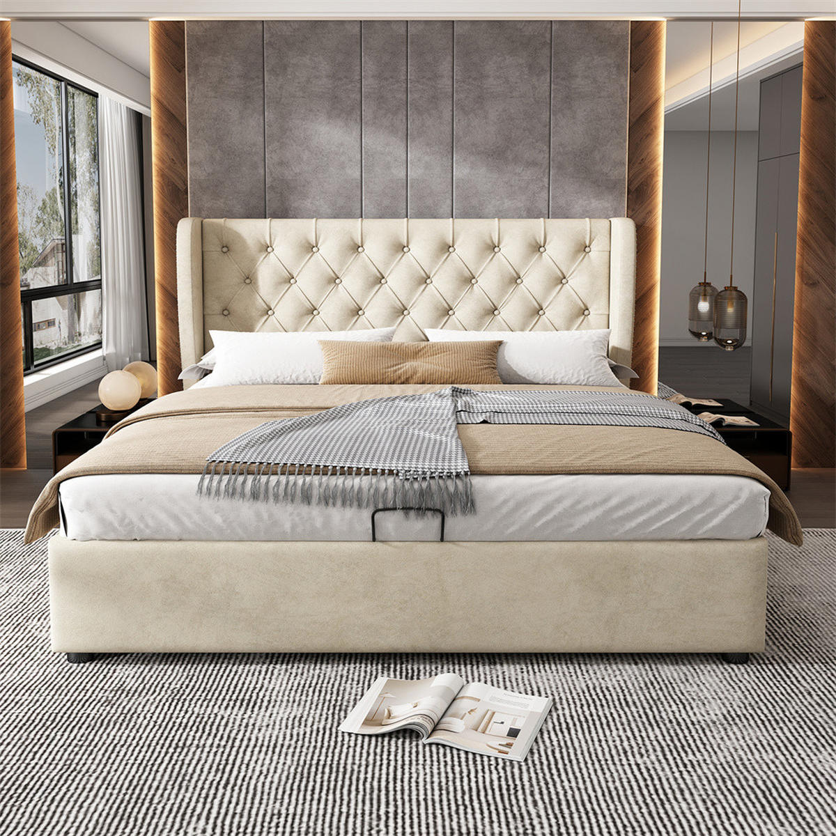 POLSTERBETT 140/200 cm in Beige Samt - Beige, Holz/Textil (140/200cm) - KOMHTOM