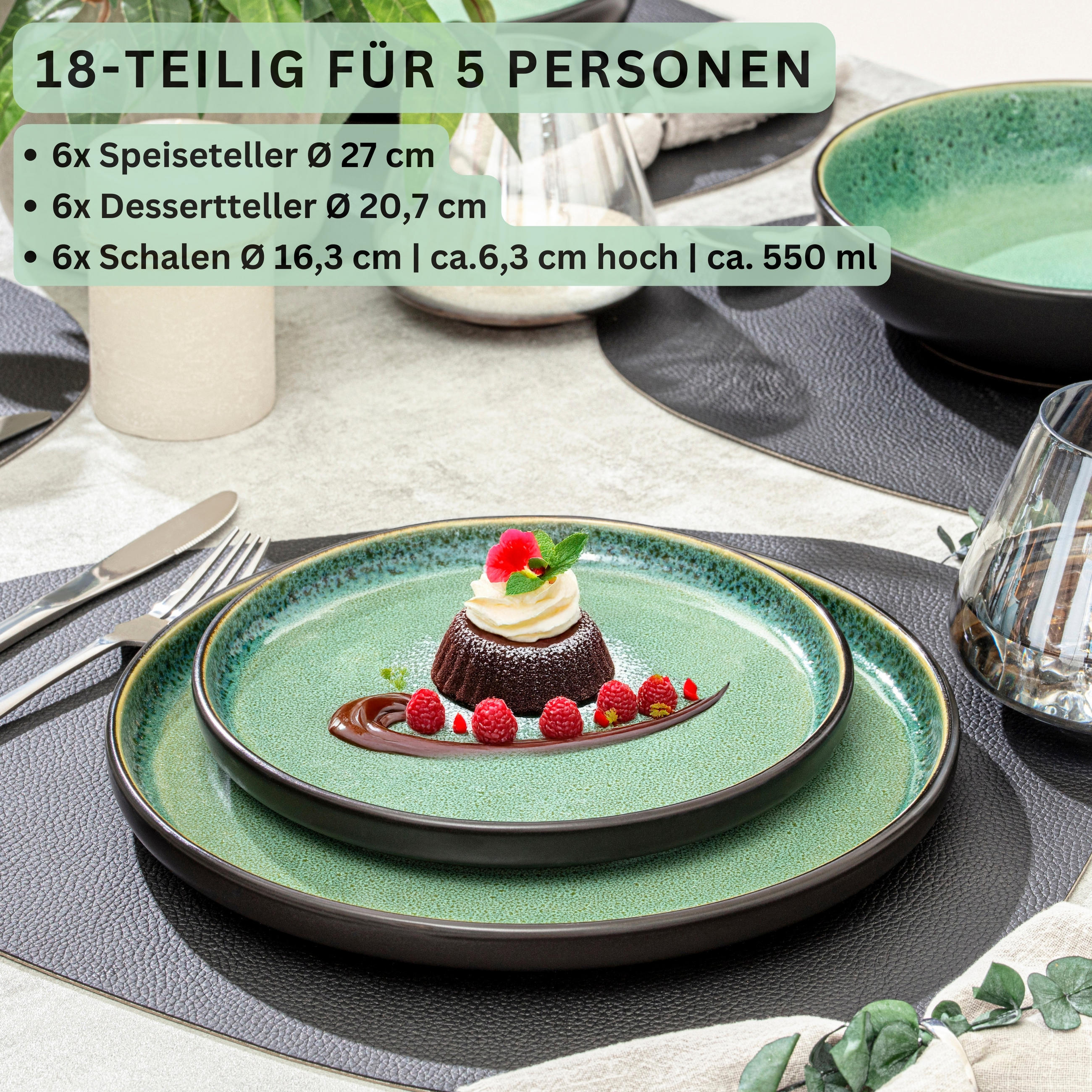 TAFELSERVICE GREENWICH - 18 teilig aus Steingut - Grün, Stein (33/34/46.5cm) - Sänger