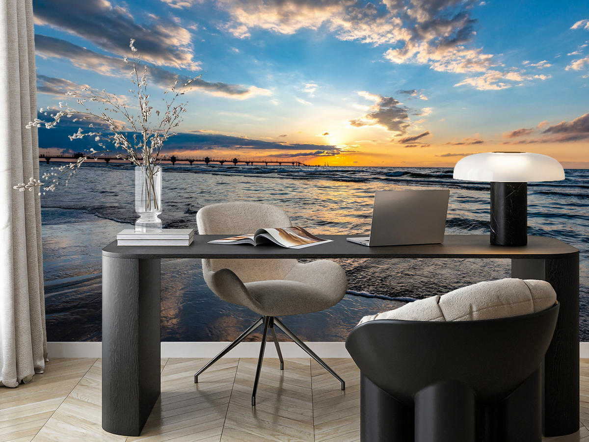 FOTOTAPETE für Wohnzimmer Sonnenuntergang Pier Romantik Meer 400x280 - Blau/Gelb, Papier (400/280cm) - Muralo