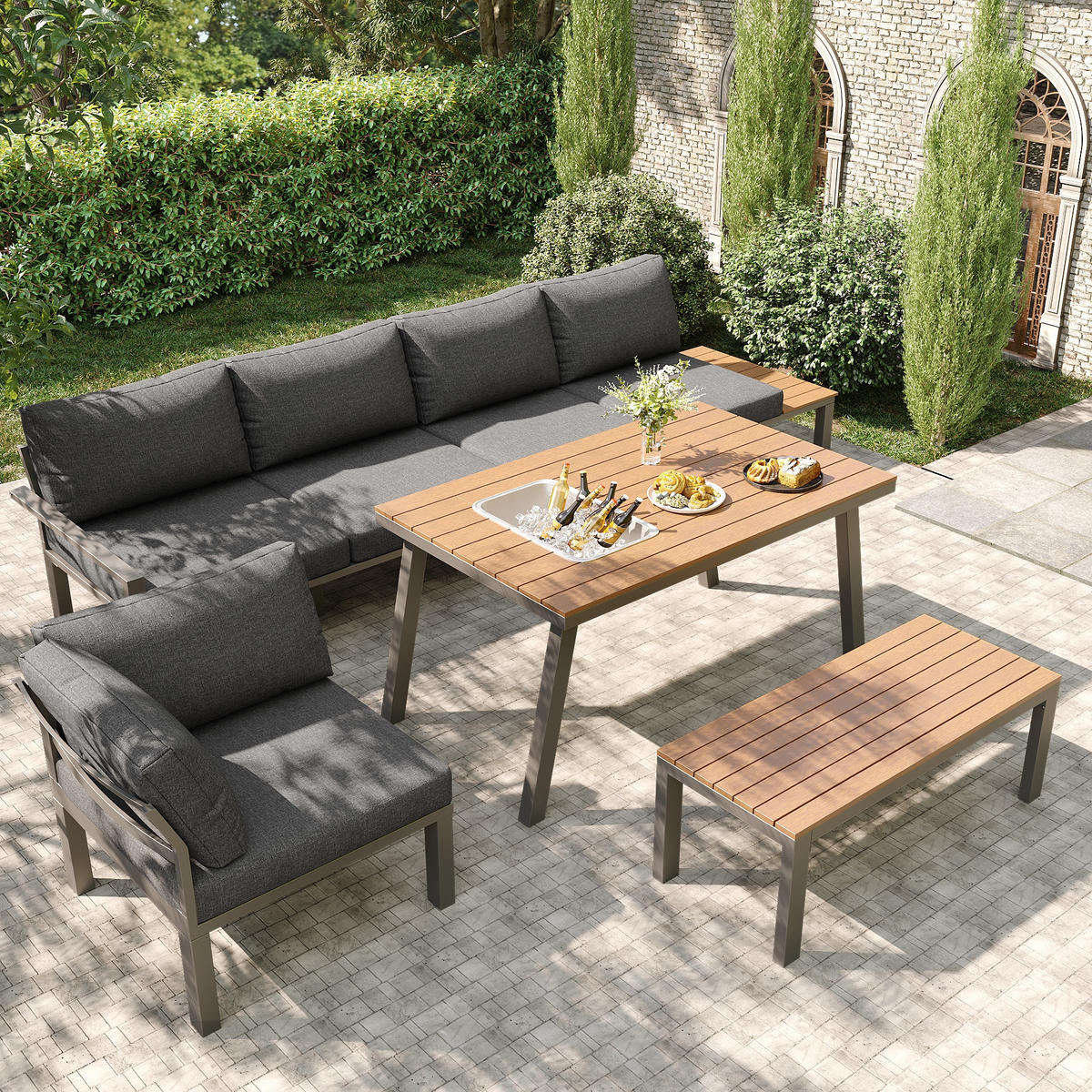 GARTENLOUNGE-SET Sitzgruppe für 6-7 Personen Gartenmöbel-Set Tischplatte mit Eiskübel - Grau, Textil/Metall - STILVORA