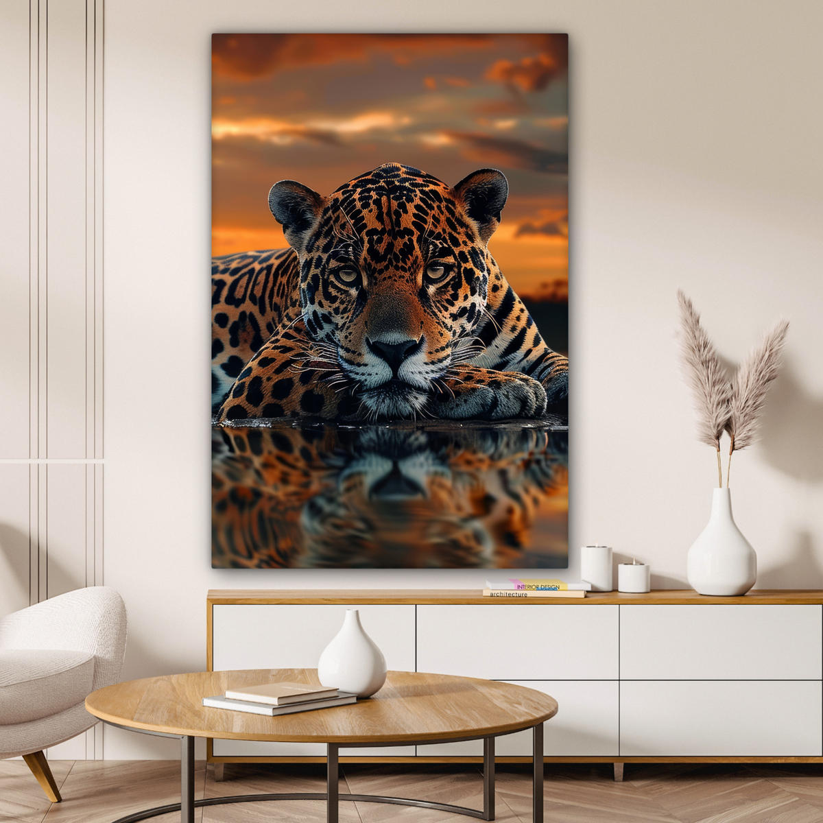 LEINWANDBILD Natur - Leopard - Tier - Sonnenuntergang - Modern Deko Groß 90x140 cm - Orange, Textil (90/140cm) - MuchoWow