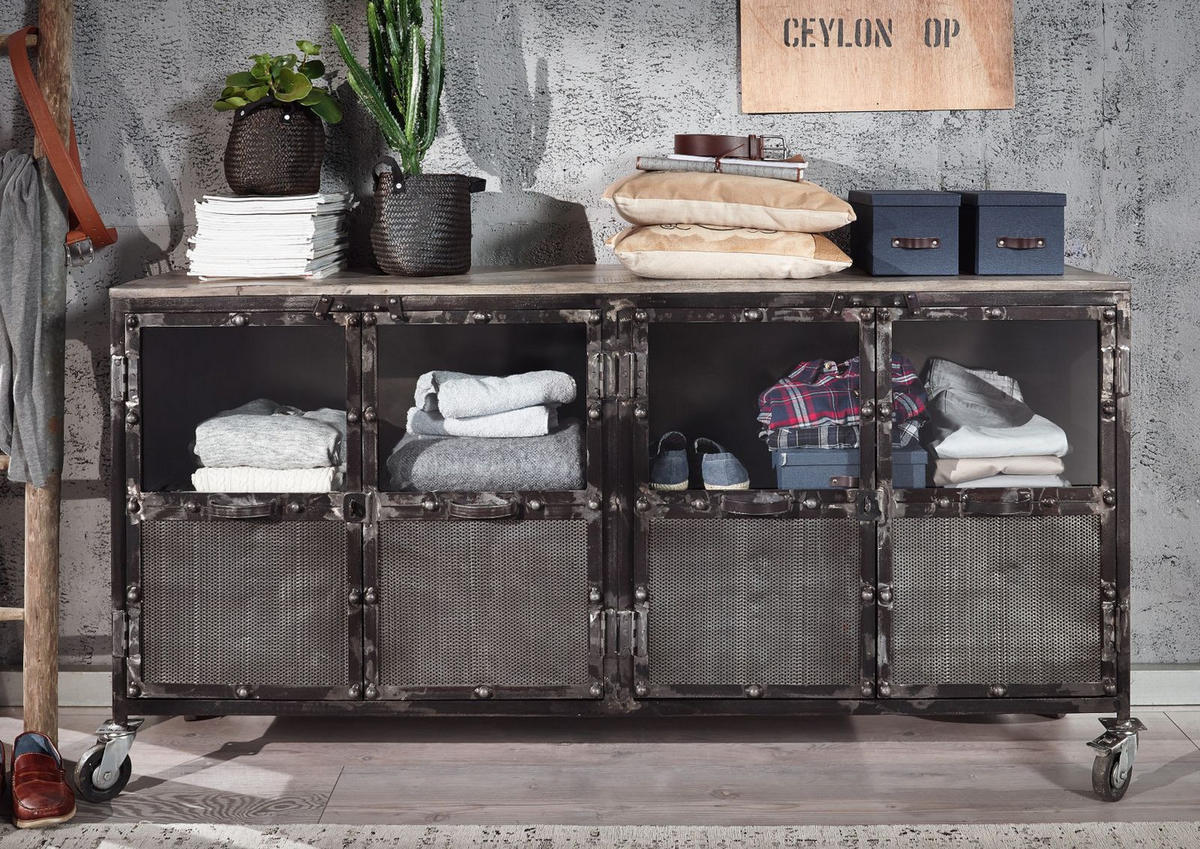 SIDEBOARD Mango 180x40x90 grau lackiert HEAVY INDUSTRY #115 - Grau, Holz (180/90/40cm) - Massivmoebel24