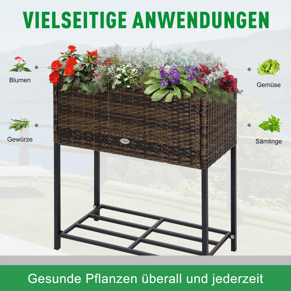 POLY Rattan Hochbeet mit Füßen Rattan Ablage Braun 70 x 30 x 70 cm - Braun, Metall (30/70/70cm) - Outsunny