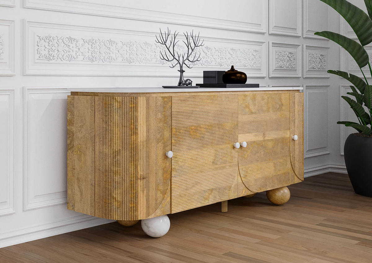 SIDEBOARD Mango 180x40x80 natur lackiert / Marmor weiß FLORENZ #121 - Braun, Holz (180/80/40cm) - Massivmoebel24