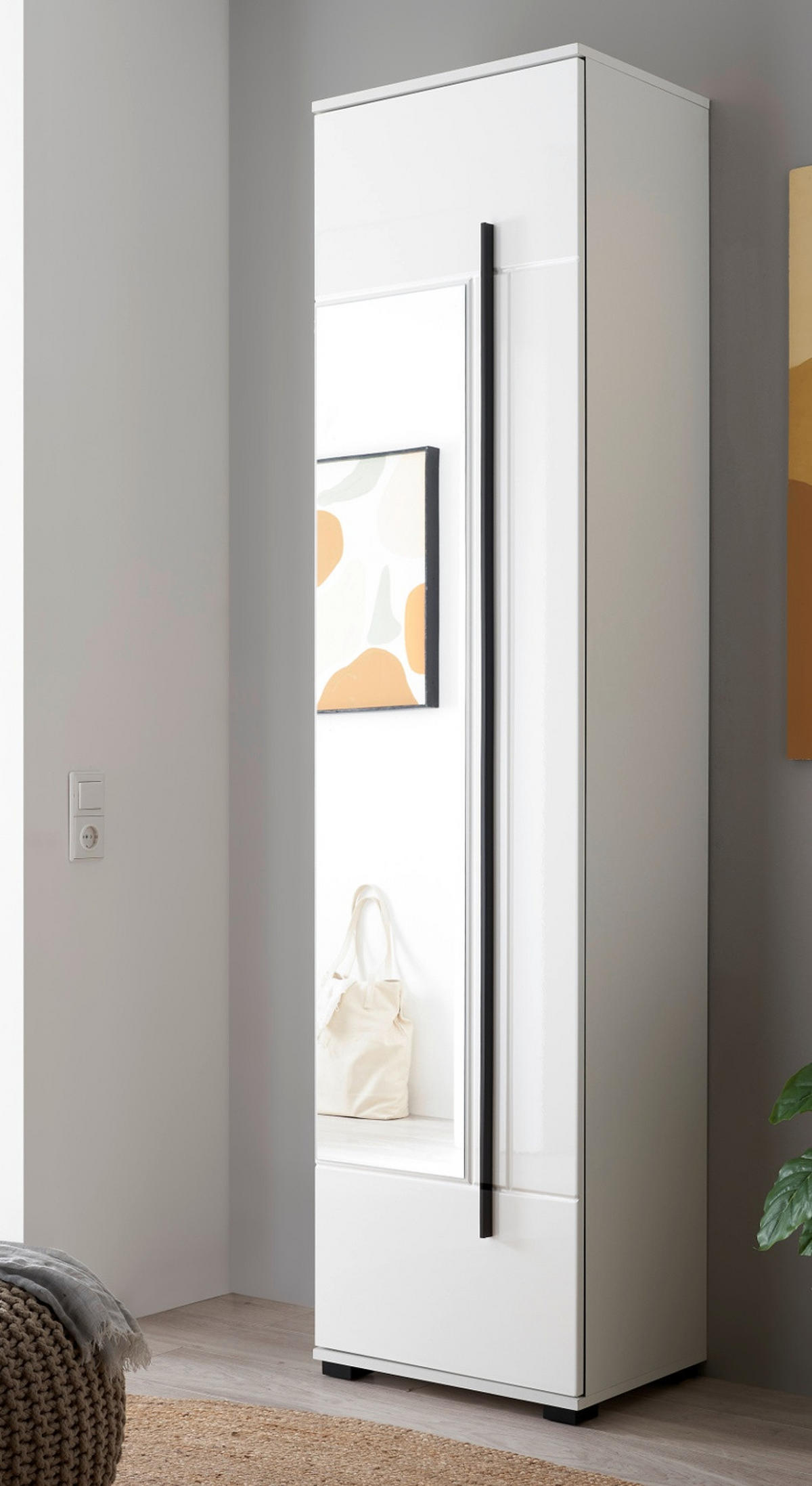 SCHUHSCHRANK weiß Hochglanz 50 x 200 cm, Garderobenschrank mit Spiegel - Weiß Hochglanz/Schwarz, Glas/Holzwerkstoff (50/200/39cm) - Furn.Design