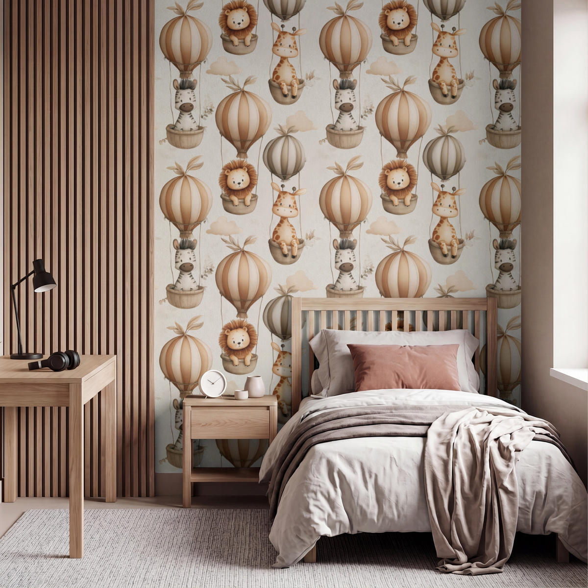 KINDERTAPETE - Safari - Heißluftballons - Taupe - 180x200 cm - Beige, Papier (180/200cm) - OnlyWow