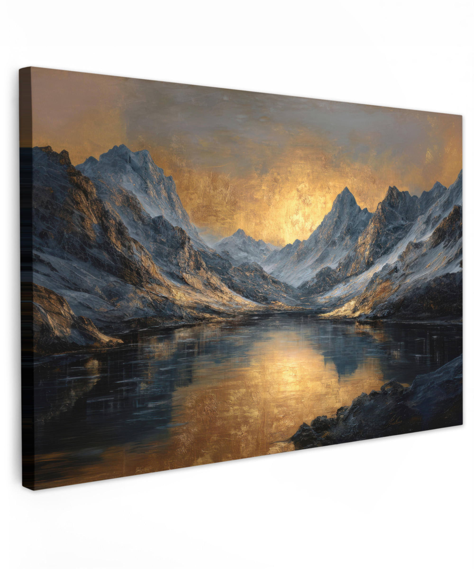 LEINWANDBILD Bergkulisse mit goldenem Sonnenuntergang Groß 140x90 cm - Goldfarben, Textil (140/90cm) - MuchoWow