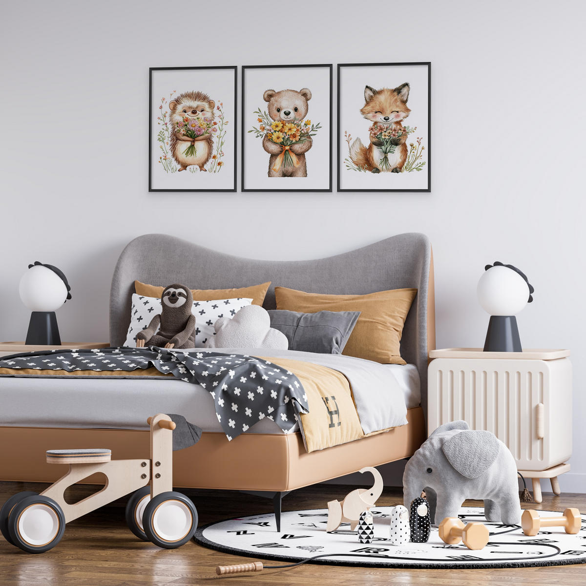 POSTER SET ohne Rahmen für Kinder WALDTIERE Blumen Pflanzen 3x Poster A4 21x30cm - Gelb/Beige, Papier (21/30/1cm) - Muralo