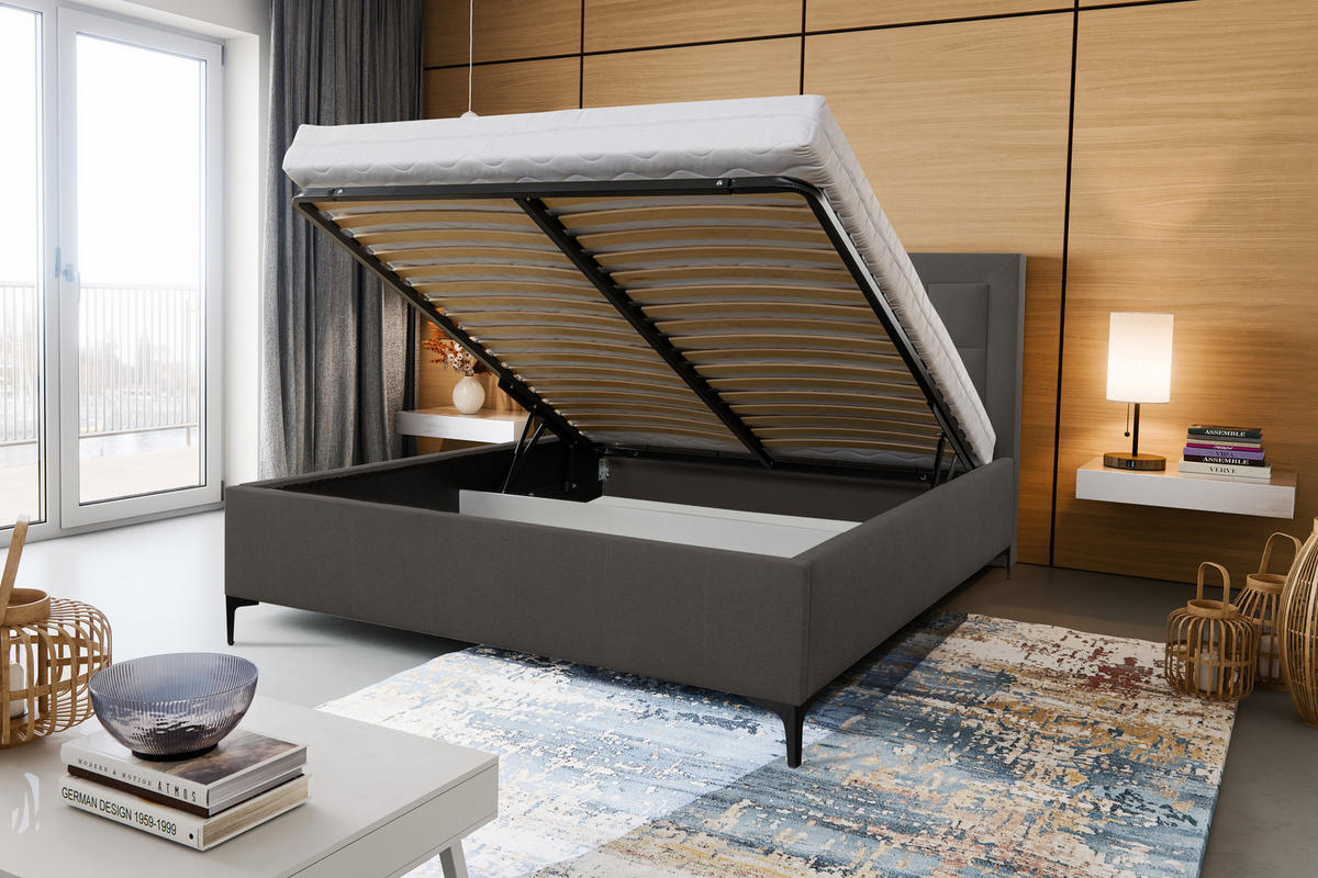 POLSTERBETT VENEZIA mit Kopfteil, 160 x200 cm, Doppelbett mit Bettkasten und Lattenrost aus Strukturstoff, Velourstoff, Frabe: Dunkelgrau - Dunkelgrau, Holz/Kunststoff (160/200cm) - VENASI MÖBEL