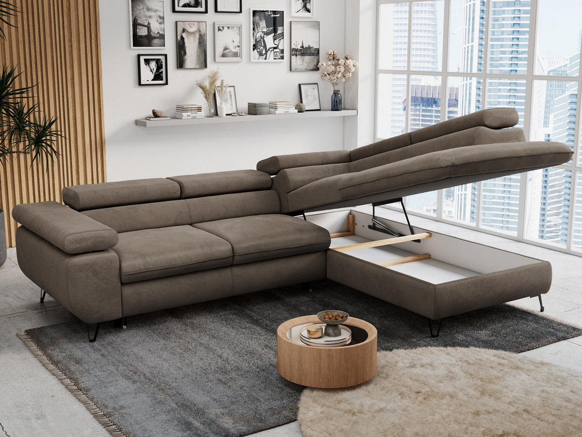 ECKSOFA PETER L Braun Velvet - Rechts Seite - Schwarz/Braun, Textil/Metall (273/208cm) - MKS