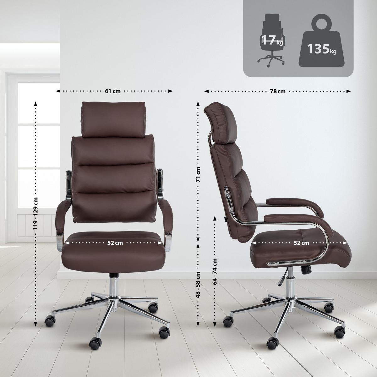 DREHSTUHL Lederlook Braun - Chromfarben/Braun, Textil/Metall (61/119/78cm) - CLP