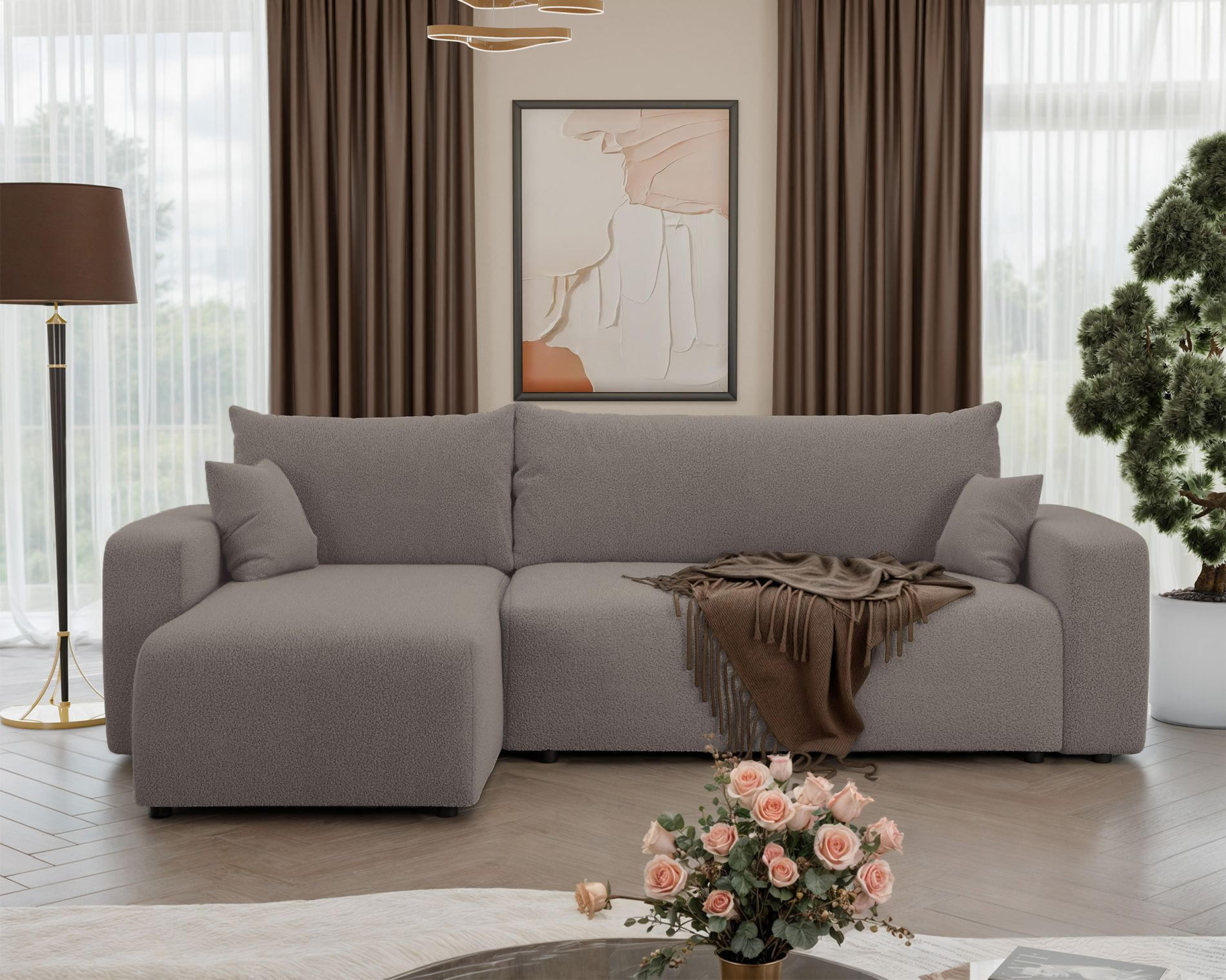 ECKSOFA Pianoni Hellbraun Bouclé-Bezug - Hellbraun/Schwarz, Kunststoff/Textil (244/140cm) - Selsey
