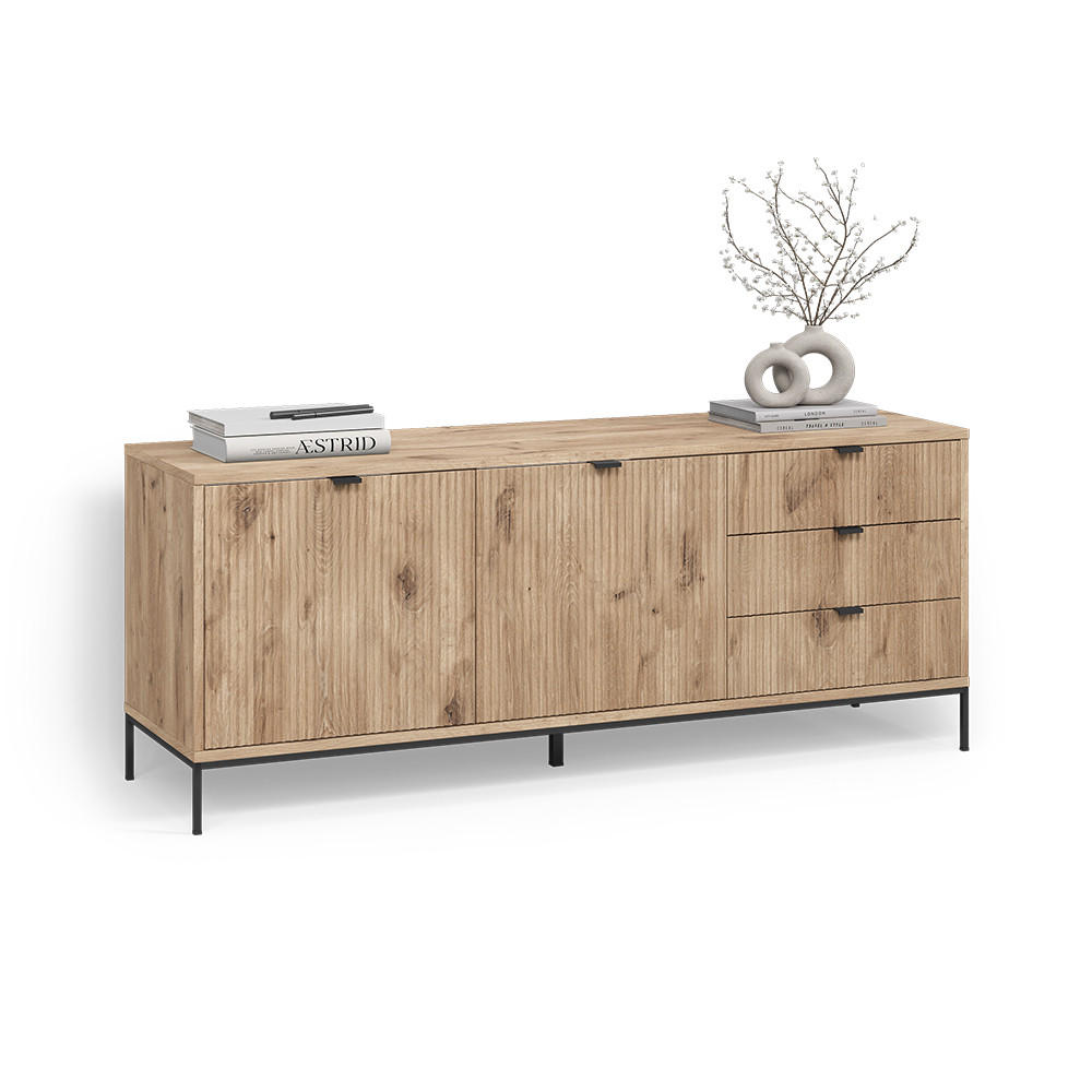 LOWBOARD Aterno Viking Oak 150 x 60 cm mit 3 Schubladen, 2 Türen - Eichefarben, Holzwerkstoff (150/60/42cm) - Livinity®