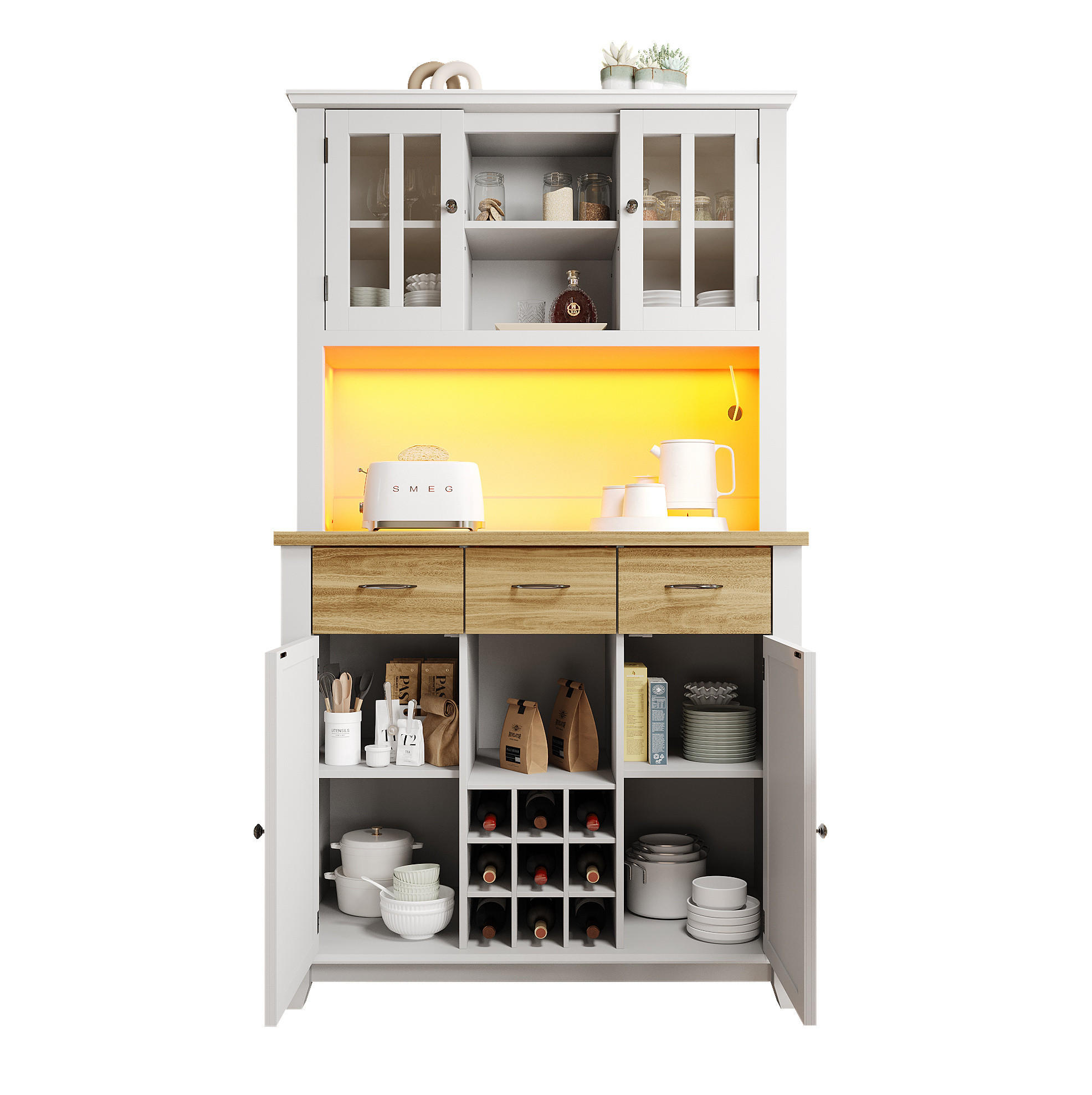 KÜCHENBUFFET 106/40/179,5 cm weiß aus MDF mit LED-Beleuchtung - Weiß, Holzwerkstoff (106/179.5/40cm) - OKWISH