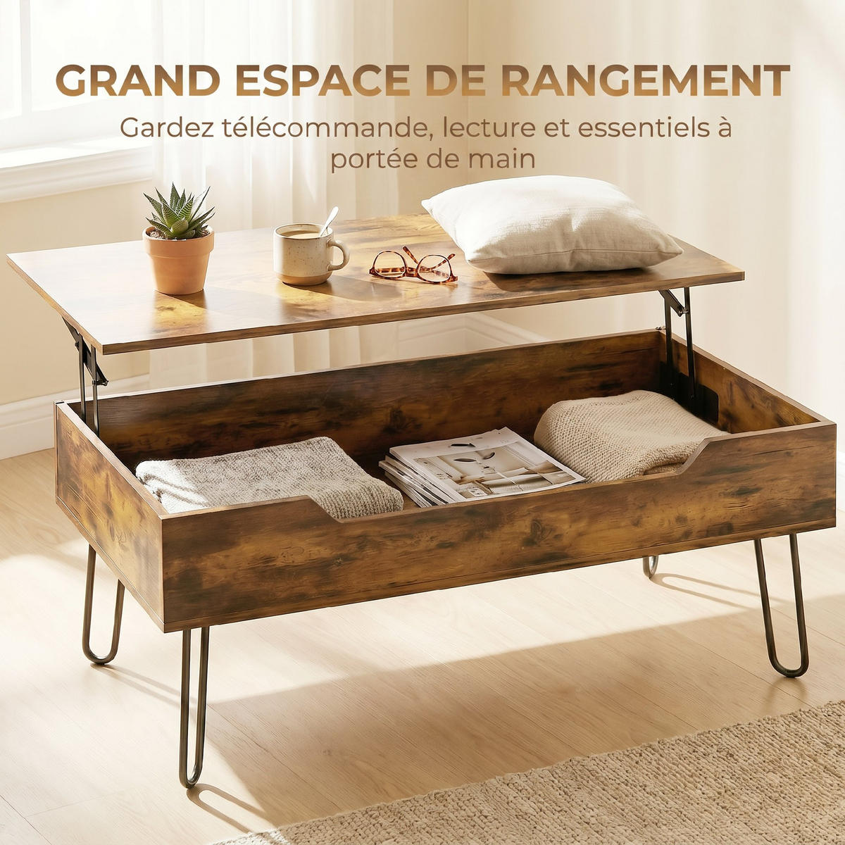 COUCHTISCH DE-15845 höhenverstellbare Platte Rustikales Braun - Braun, Holzwerkstoff (95/50/40cm) - ComfortXL