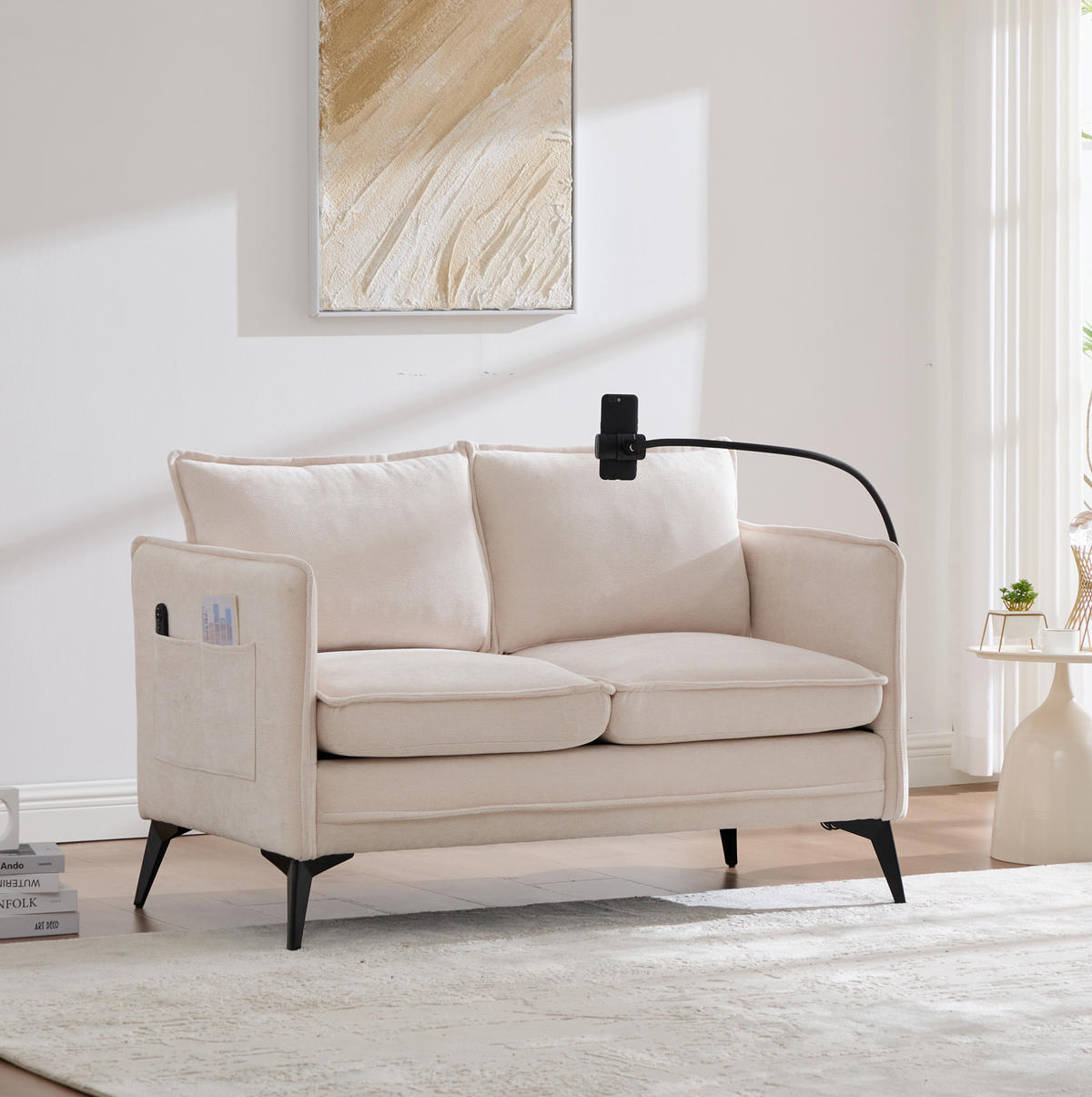 SOFA 2-Sitzer modernes Design mit Handy-Halterung Beige Chenille 127/69/66 cm - Beige, Textil (127/66/69cm) - OKWISH