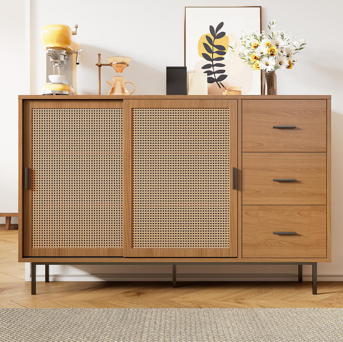 SIDEBOARD mit 2 Schiebetüren aus Rattan und 3 Schubladen, Natur, Spanplatte, 140/37/91 cm, Natur - Naturfarben, Holzwerkstoff (140/91/37cm) - Redom