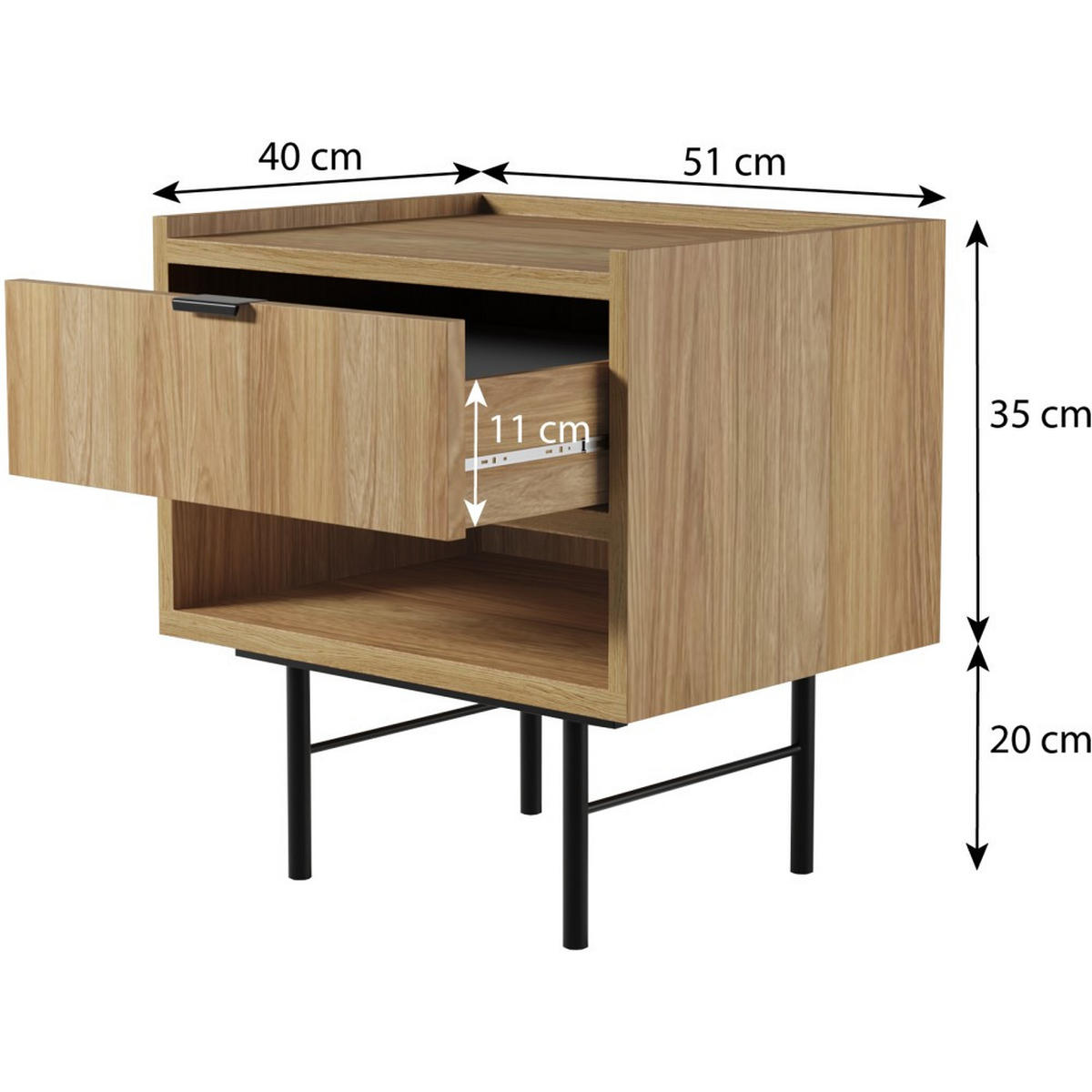 NACHTTISCH Evron mit 1 Schublade, Hikora Eiche - Eichefarben/Schwarz, Holzwerkstoff/Metall (51/55/40cm) - Beautysofa