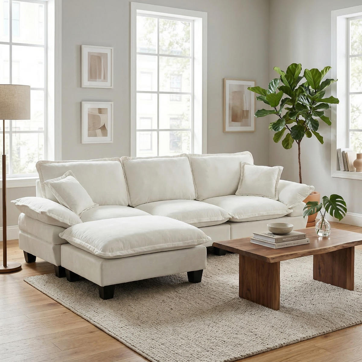 ECKSOFA 263/151/90 cm beige aus Chenille mit Ottomane - Beige, Textil (151/263cm) - OKWISH