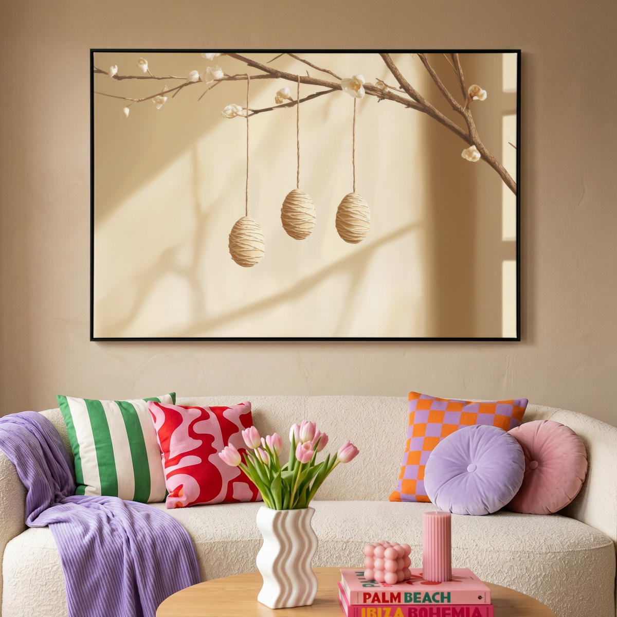 LEINWAND Bilder mit Rahmen - Beige - Osterkuchen - Eier - 140x90 - Beige, Textil (140/90cm) - MuchoWow