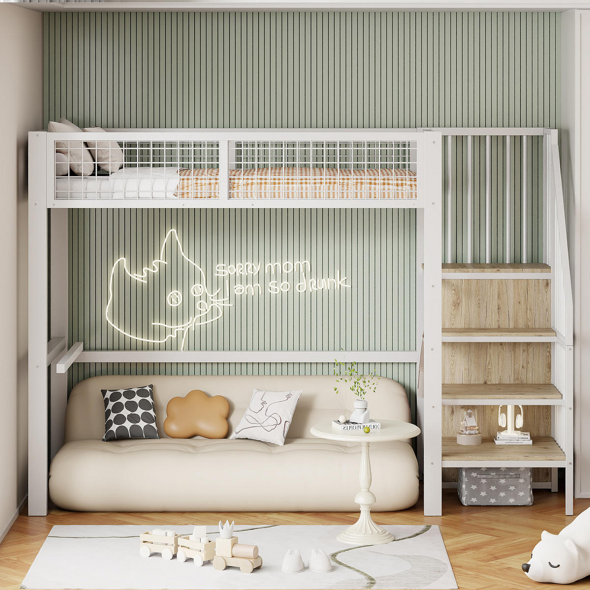 HOCHBETT 90/200 cm Weiß mit Sicherheitsleiter und Kleiderschrank - Weiß, Metall (90/200cm) - OKWISH