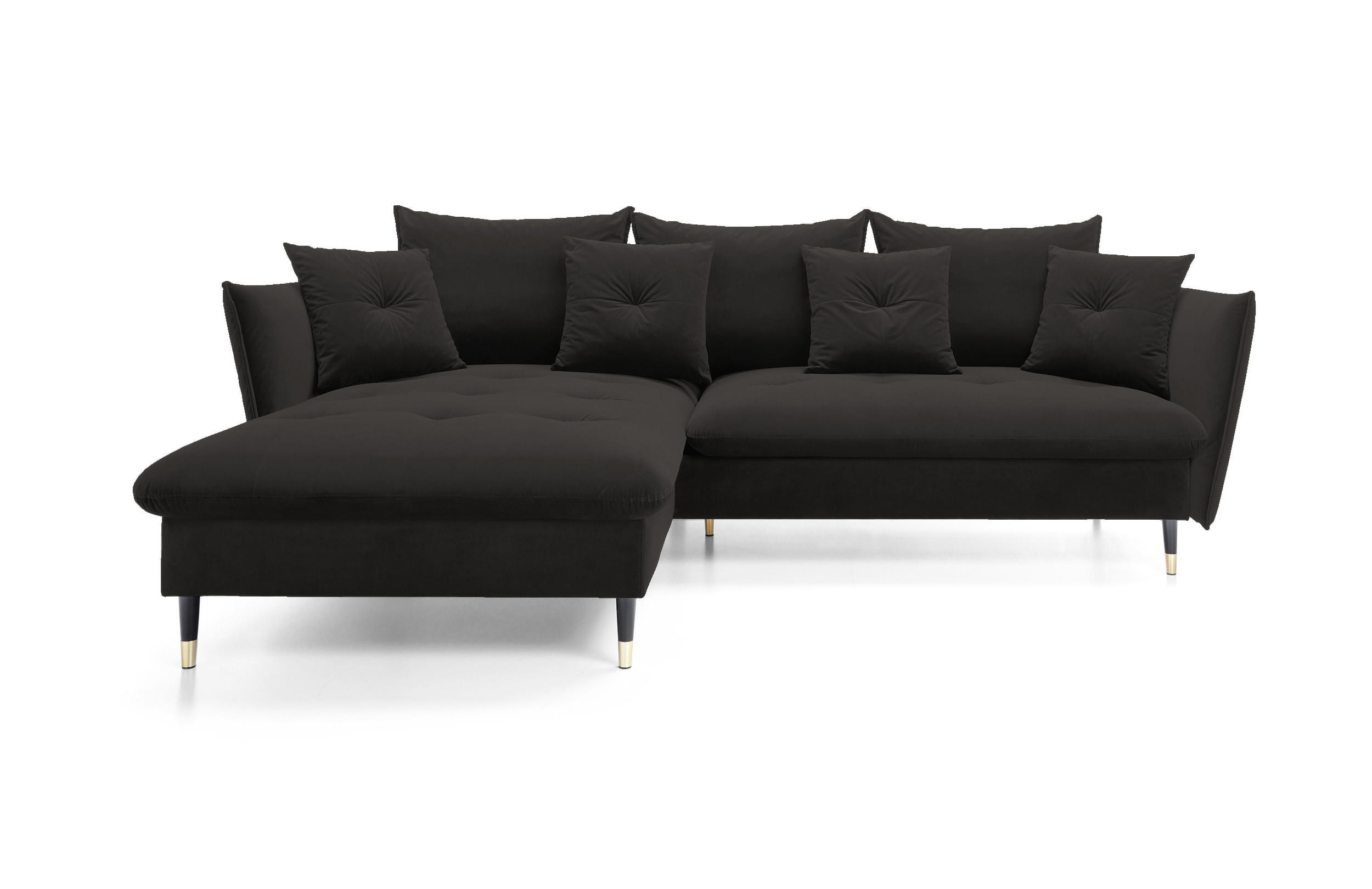 ECKSOFA GLAM mit Schlaffunktion, Ottomane & goldenen Füßen – Samtsofa im Glamour-Stil mit Zierkissen, 258x167x91cm, Linke, SCHWARZ - Schwarz, Holz/Textil (167/258cm) - DomoHome