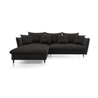 ECKSOFA GLAM mit Schlaffunktion, Ottomane & goldenen Füßen – Samtsofa im Glamour-Stil mit Zierkissen, 258x167x91cm, Linke, SCHWARZ - Schwarz, Holz/Textil (167/258cm) - DomoHome