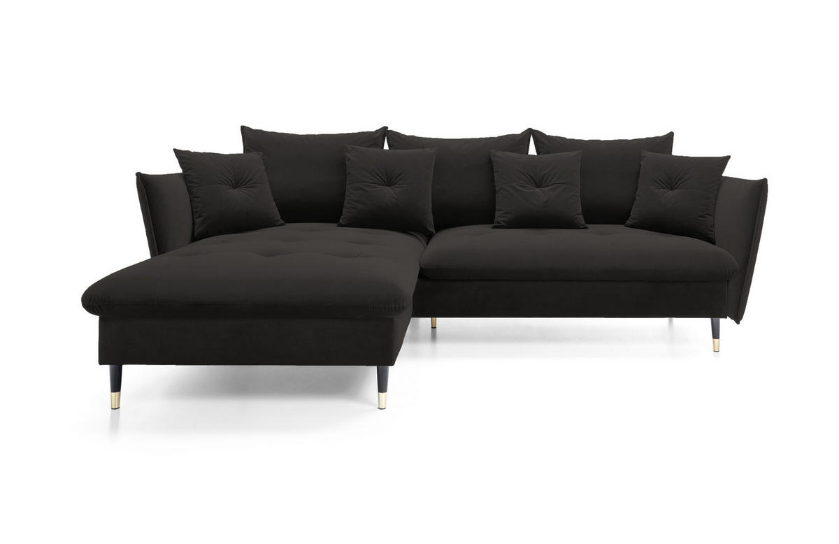 ECKSOFA GLAM mit Schlaffunktion, Ottomane & goldenen Füßen – Samtsofa im Glamour-Stil mit Zierkissen, 258x167x91cm, Linke, SCHWARZ - Schwarz, Holz/Textil (167/258cm) - DomoHome