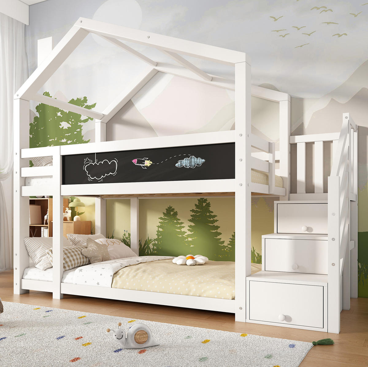 ETAGENBETT im Baumhausstil mit Stauraum 90 x 200 cm Weiß - Weiß, Holzwerkstoff (90/200cm) - Beauniv