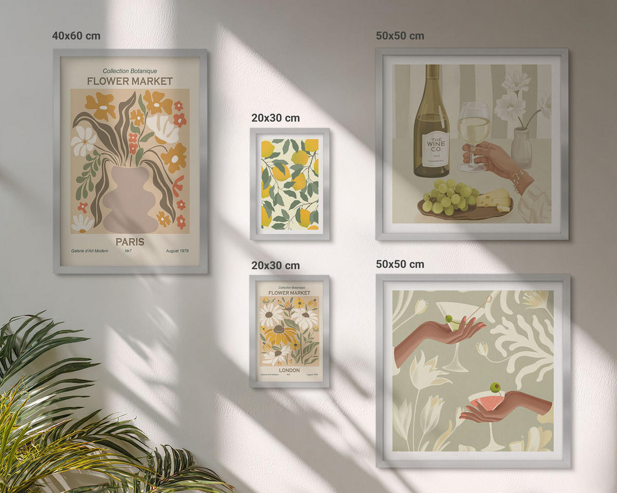 WANDBILDER 5er Set - 50x50 cm & 20x30 cm & 40x60 cm Silberner Rahmen - Blumenposter Paris Mailand - Silberfarben, Kunststoff (40/60cm) - ArtPrintCave