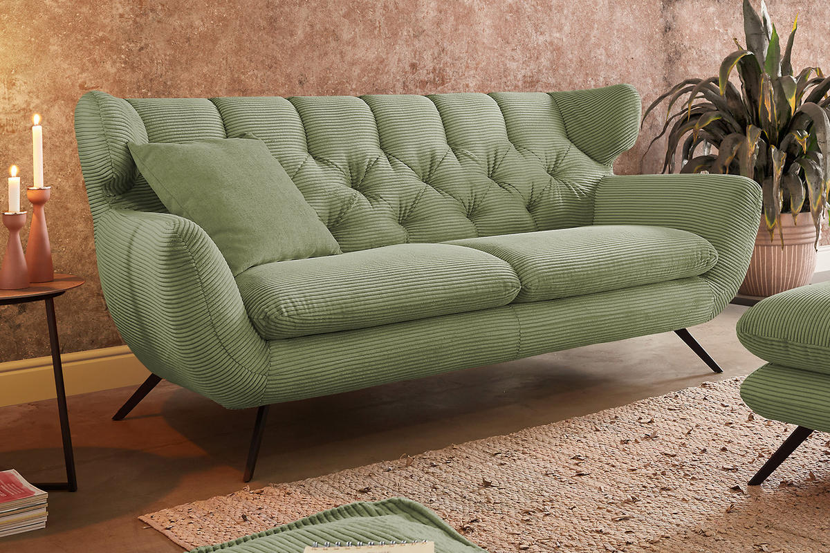 SITZGRUPPE CHARME Grün Cord - Schwarz/Grün, Textil/Metall (225/94/95cm) - KAWOLA