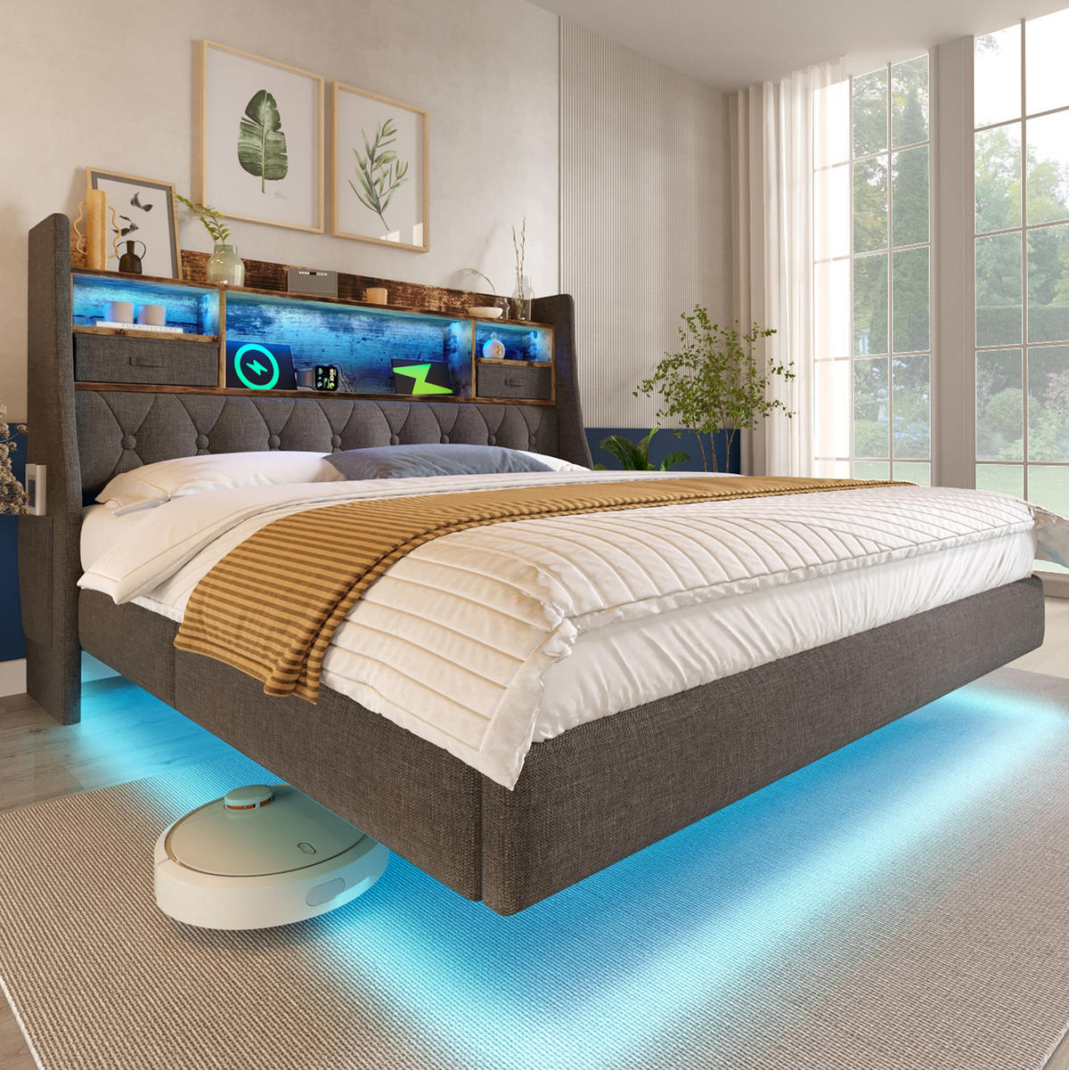 POLSTERBETT 160/200 cm Grau aus Leinen mit LED-Beleuchtung - Grau, Textil (160/200cm) - OKMYHOME