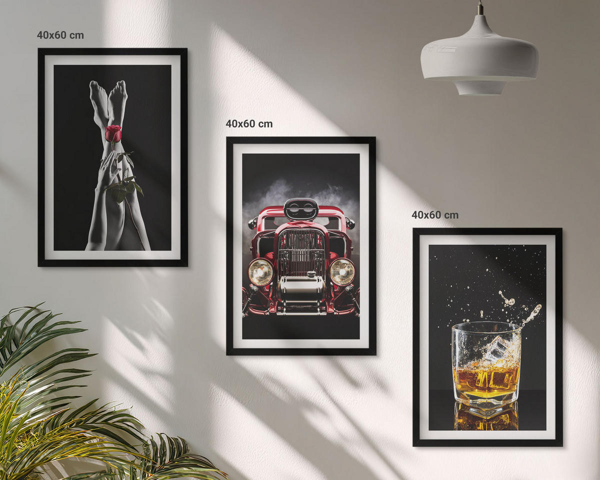 BILDER SET 3er Set - 40x60 cm Schwarzer Rahmen - Frauenbeine Rosenauto Whisky - Schwarz, Kunststoff (40/60cm) - TULUP