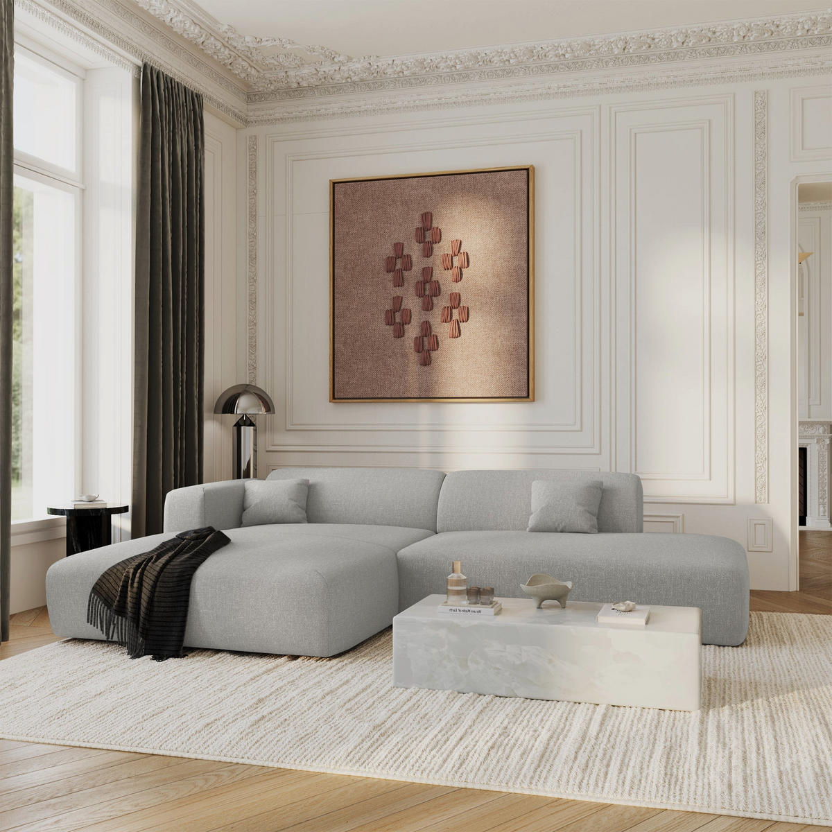 ECKSOFA LINKS Rastergewebe Hellgrau 310cm - Hellgrau/Grau, Textil (300/96cm) - Sia Home