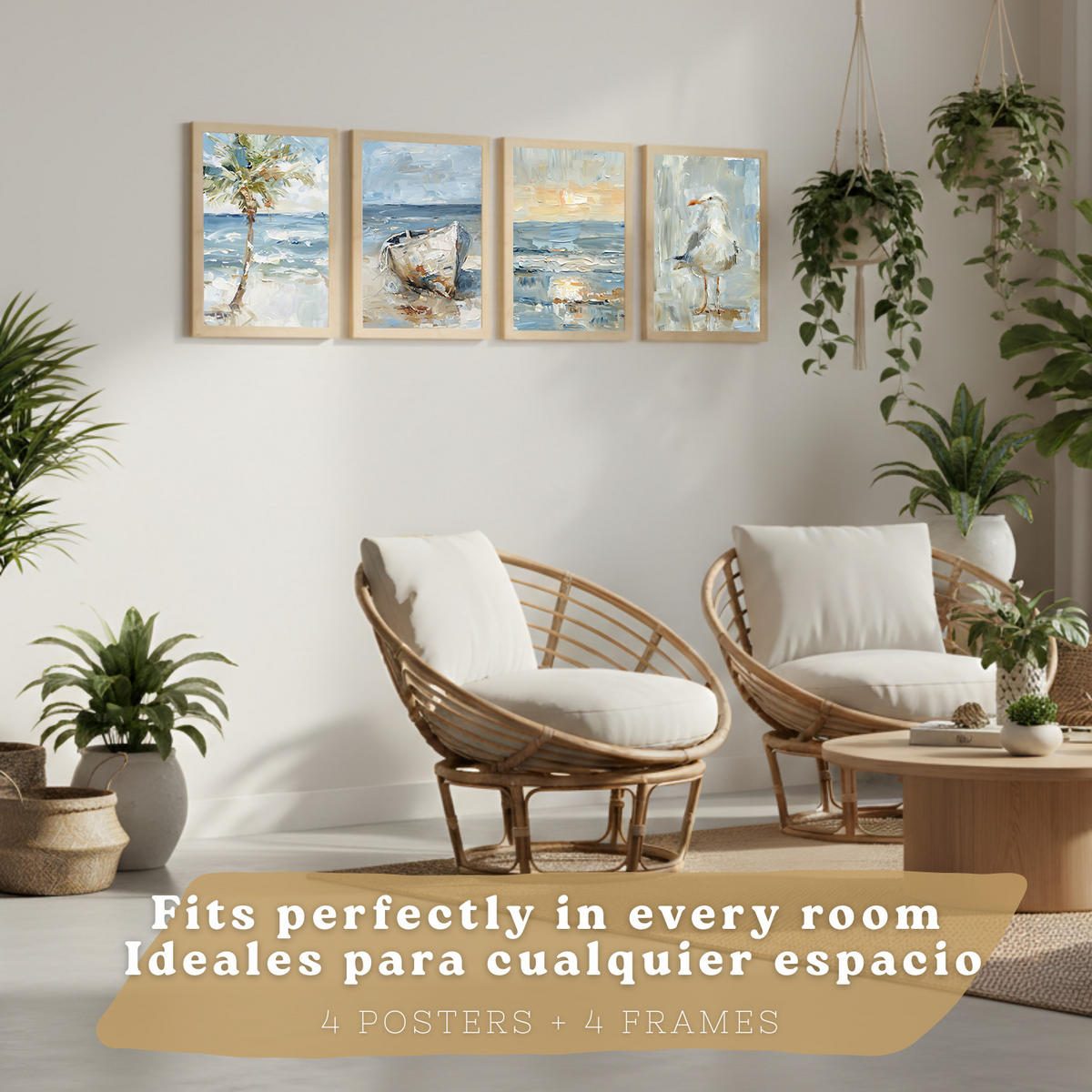PLAKAT Sada 3 tisků s motivy pláže, moře, vlaštovky a západu slunce. Nástěnná dekorace. Přímořská scenérie. Velikost Světlý dřevěný rám A3 - béžová, papír (29.7/42/3cm) - Nacnic