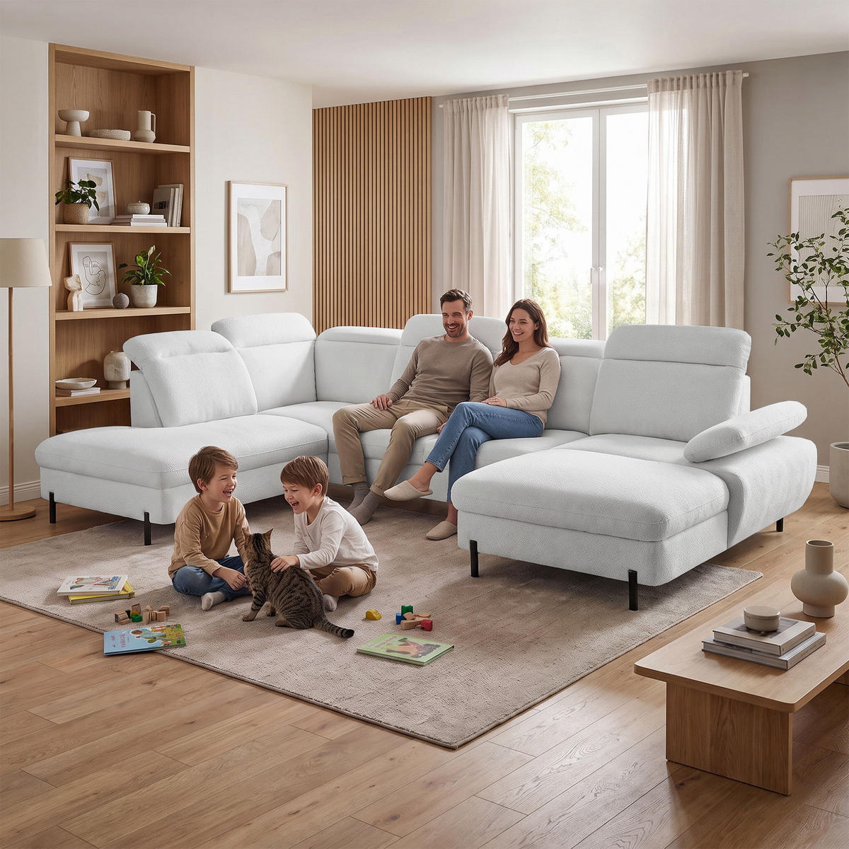 SEDACÍ SOUPRAVA Sora U s funkcí spaní, nastavitelnou hloubkou sedu, opěrkami hlavy a područkou, 365 cm, světle šedá, pravá - černá/světle šedá, textil (365/107/235cm) - Beautysofa