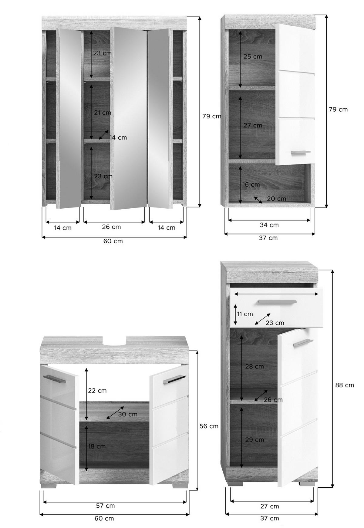 BADMÖBEL-SET weiß Hochglanz, Eiche 4-teilig 112 cm, Kombination mit viel Stauraum - Weiß Hochglanz/Eichefarben, Holzwerkstoff (112/191/34cm) - Inn.Furn