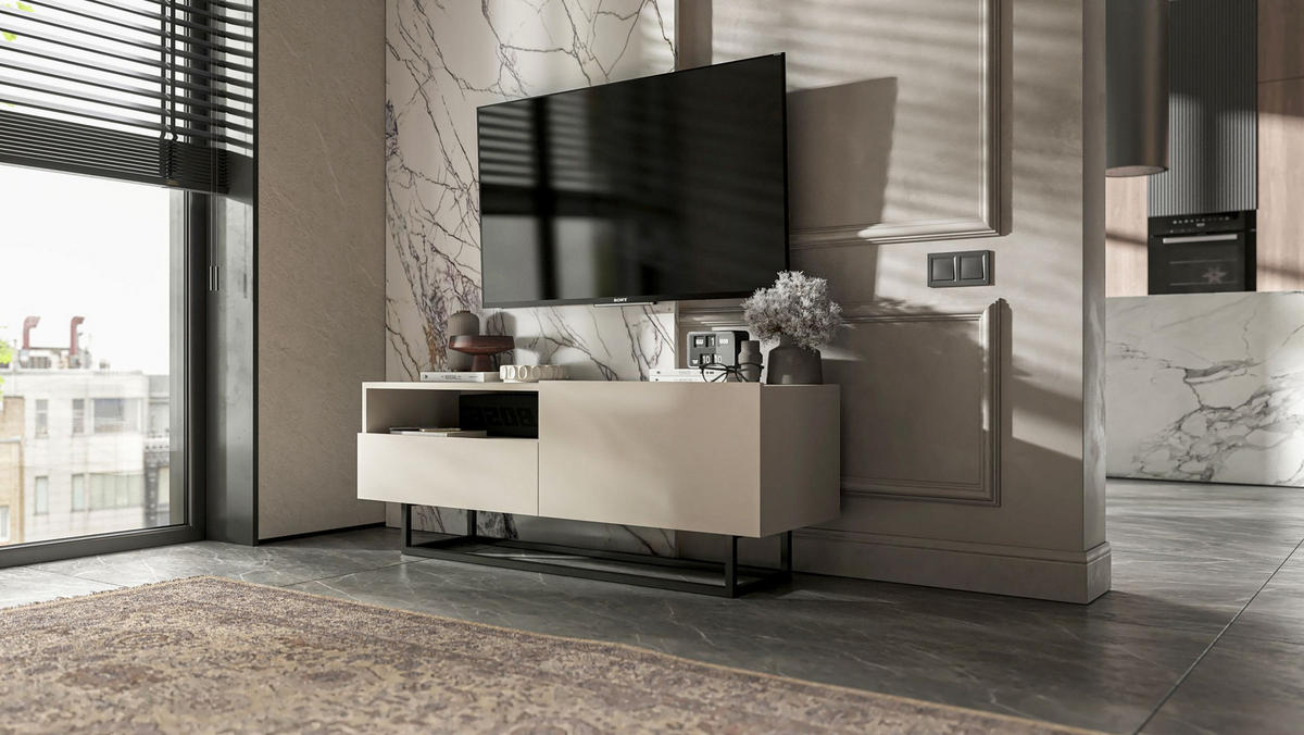 TV-SCHRANK Enjoy Kaschmir matt mit Metallrahmen Schublade 120 cm - Kaschmir/Schwarz, Holzwerkstoff/Metall (120/46/35cm) - Meble Lindner