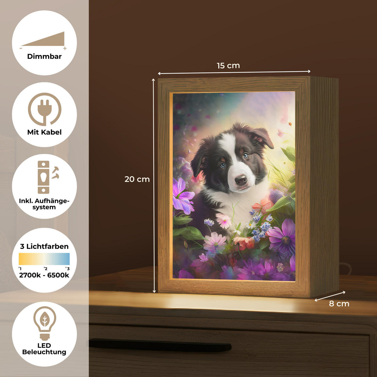 NACHTTISCHLAMPE Welpe - Sonne - Blumen - Natur - Border Collie - Hund 15x20 cm - Violett, Holzwerkstoff (8/15/20cm)