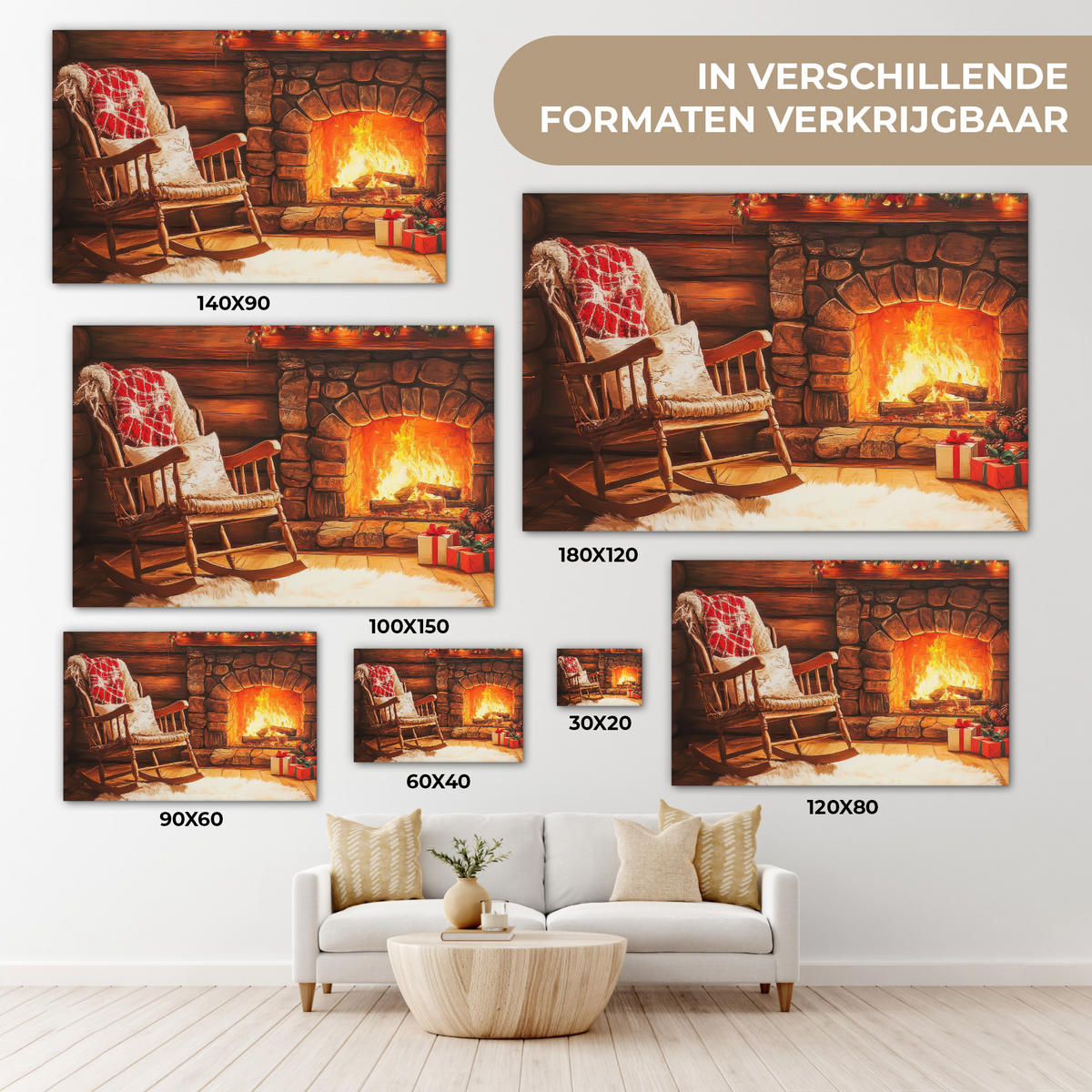 LEINWANDBILD Winter - Weihnachten - Zuhause - Kamin XXL 150x100 cm - Bernsteinfarben, Textil (150/100cm) - MuchoWow
