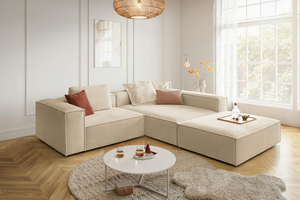 ECKSOFA CARMO Beige Flachgewebe - Beige/Schwarz, Kunststoff/Textil (306/191cm) - KAWOLA